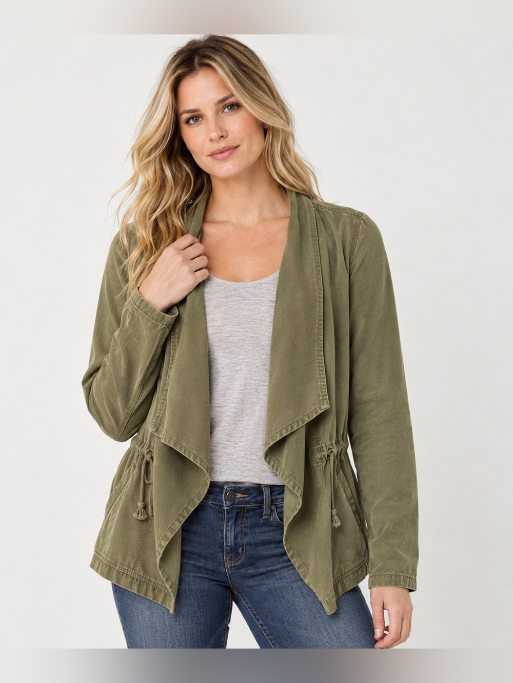 BKE Women’s XL Olive Green Draped Utility Jacket Drawstring Waist Lightweight